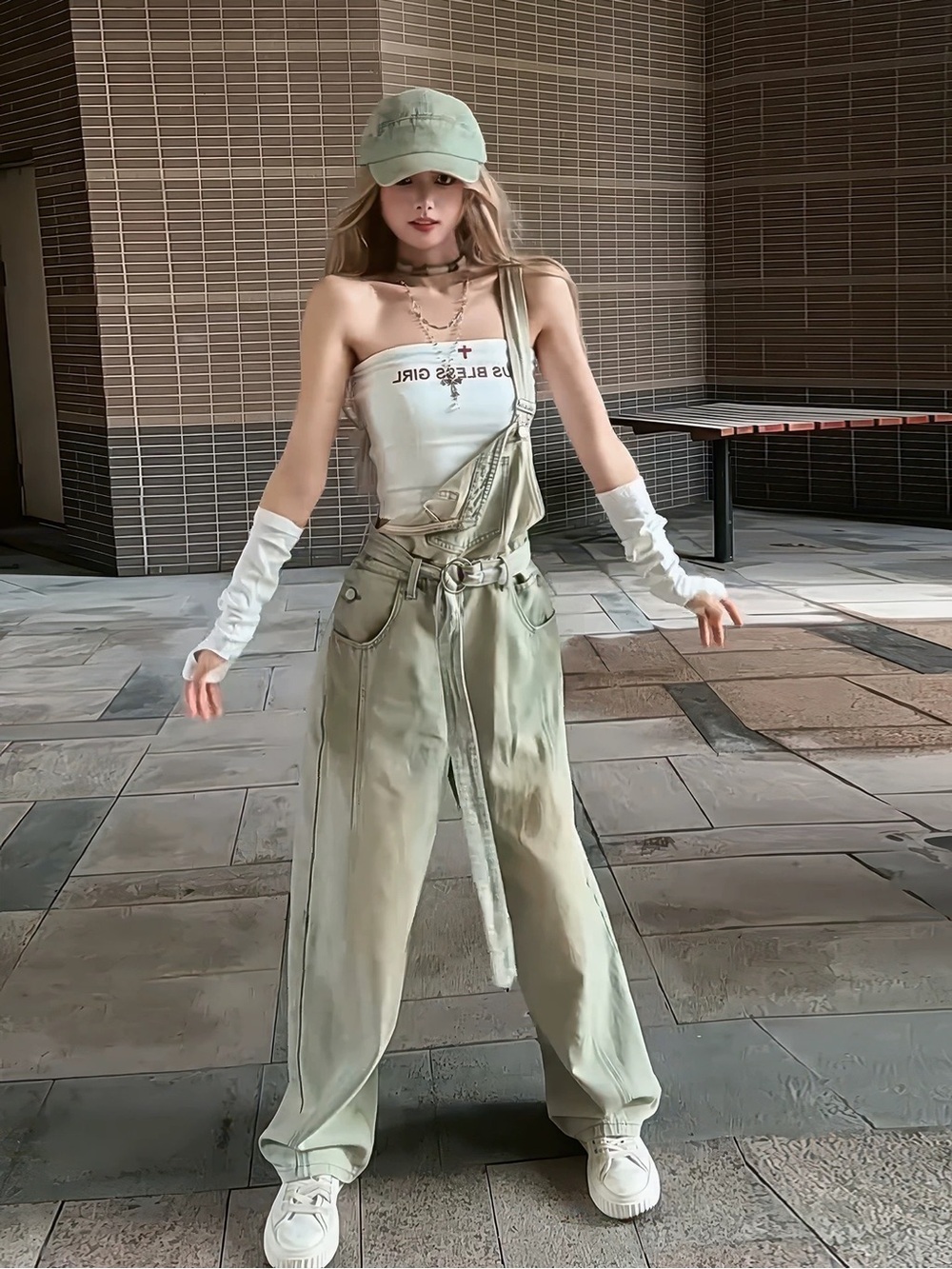 Y2K Khaki Baggy Denim Overalls Wide Leg Jumpsuit Streetwear